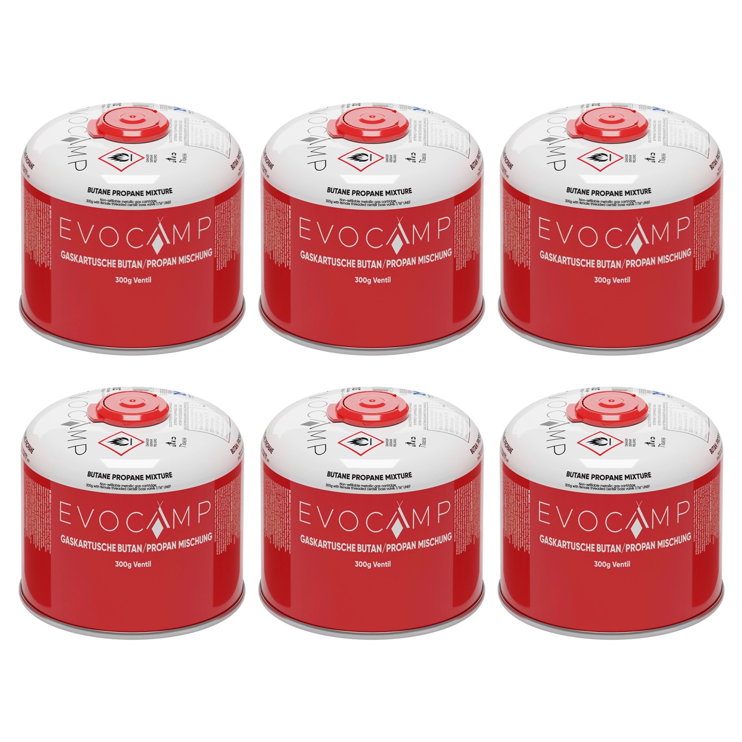 Evocamp Gaskartusche 6 Stück 300g Butan Propan Schraubventil für Camping Weber Q100