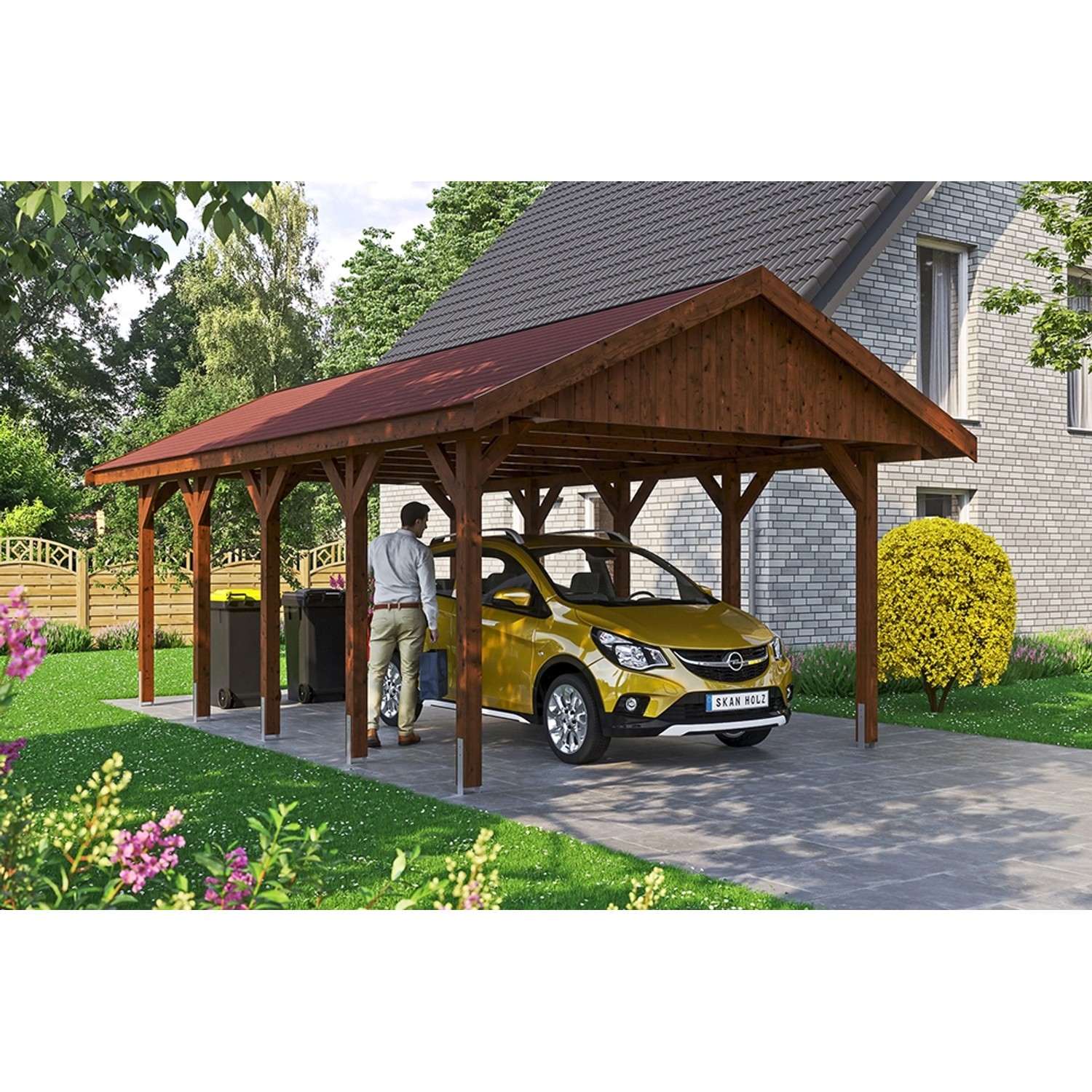 Satteldach-Carport Wallgau Nussbaumn 430 x 750 cm rote Schindeln günstig online kaufen