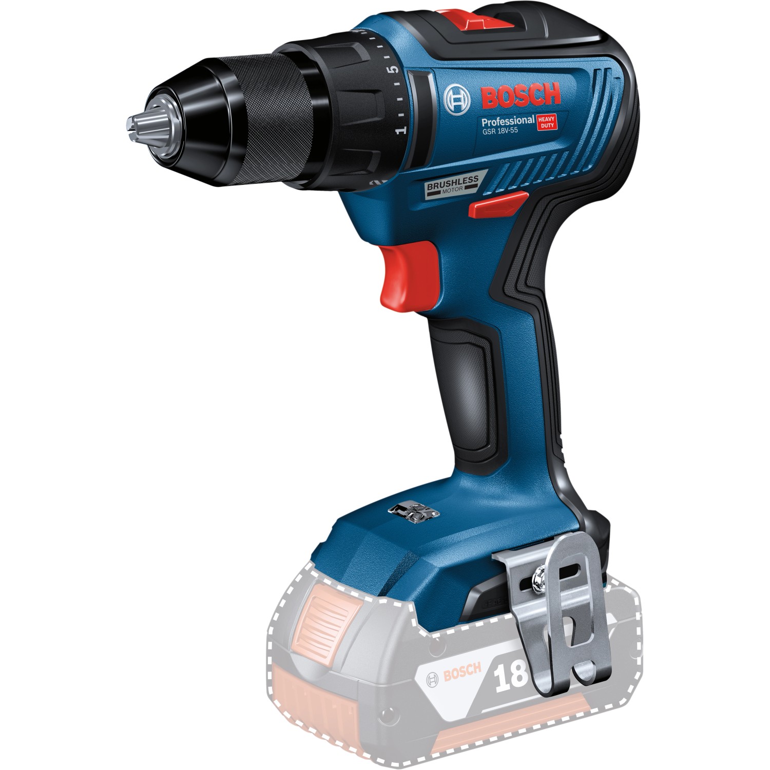 Bosch Professional GSR 18V-55 Akku-Bohrschrauber (Solo) mit blauem Gehäuse und Schnellspannbohrfutter.