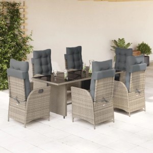 7-tlg. Garten Essgruppe Grau Poly Rattan mit Tisch, Stühlen und Kissen.