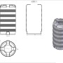 Technisches Zeichnung des KMND 505L Trinkwasser Wassertanks. Ansichten und 3D-Modell des gerippten, zylindrischen PE-Speichers.