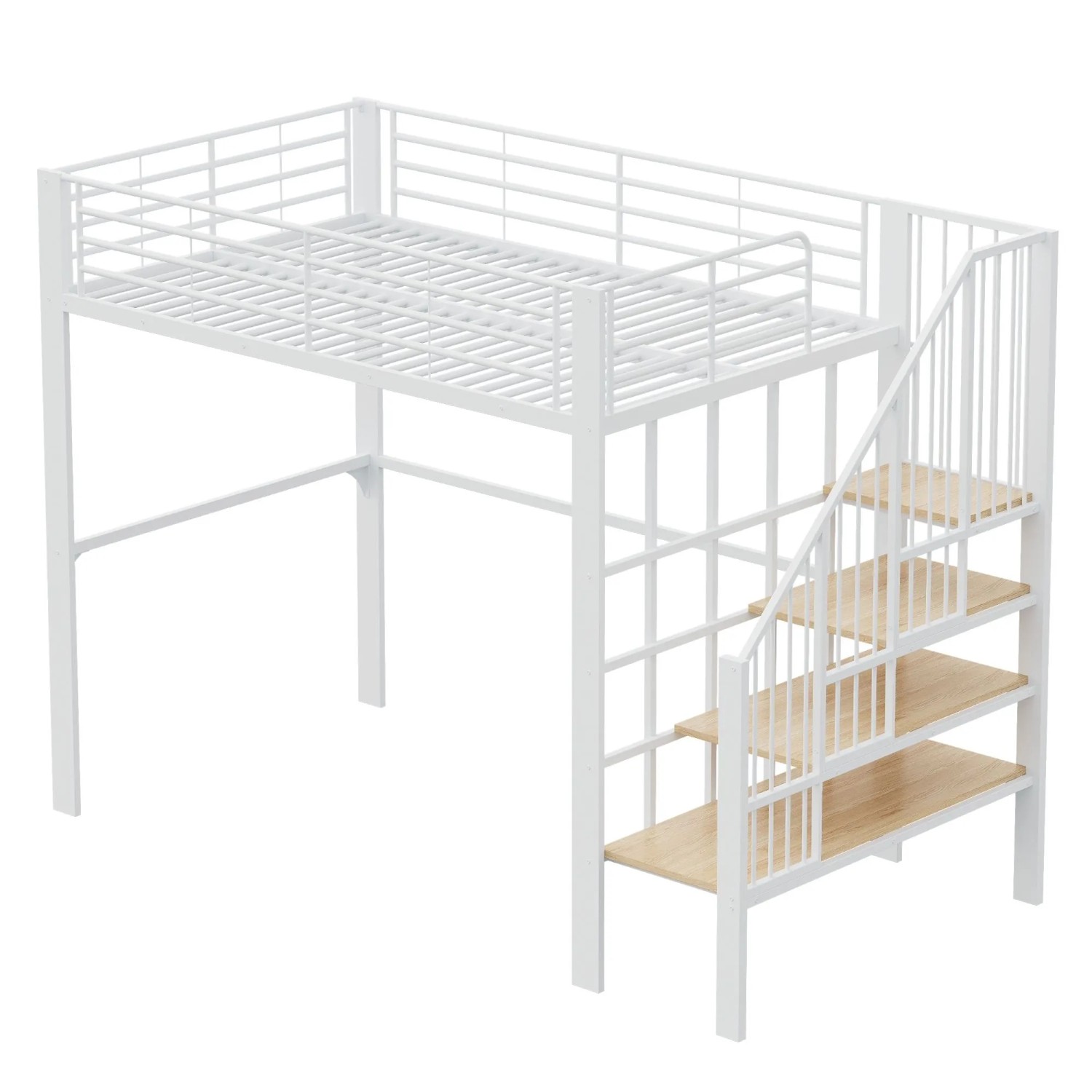 okwish Hochbett 140x200cm mit Stauraum und Treppe Kinderzimmer Weiß ohne Matratze