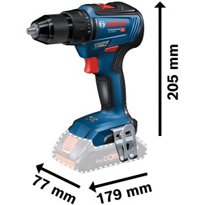 Bosch Professional GSR 18V-55 Akku-Bohrschrauber mit Abmessungen (Höhe 205mm, Breite 77mm, Länge 179mm)