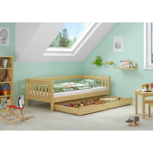 Erst-Holz Gemütliches Kinderbett mit Dreiseitiger Sicherung 90 x 200 cm Kiefer Modell 29 Rollrost und Bettkasten inkl.
