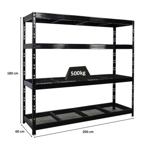 Schwarzes PROREGAL Schwerlastregal Rhino mit 4 Gitterrost-Ebenen, 180x200x60cm, Fachlast 500kg.