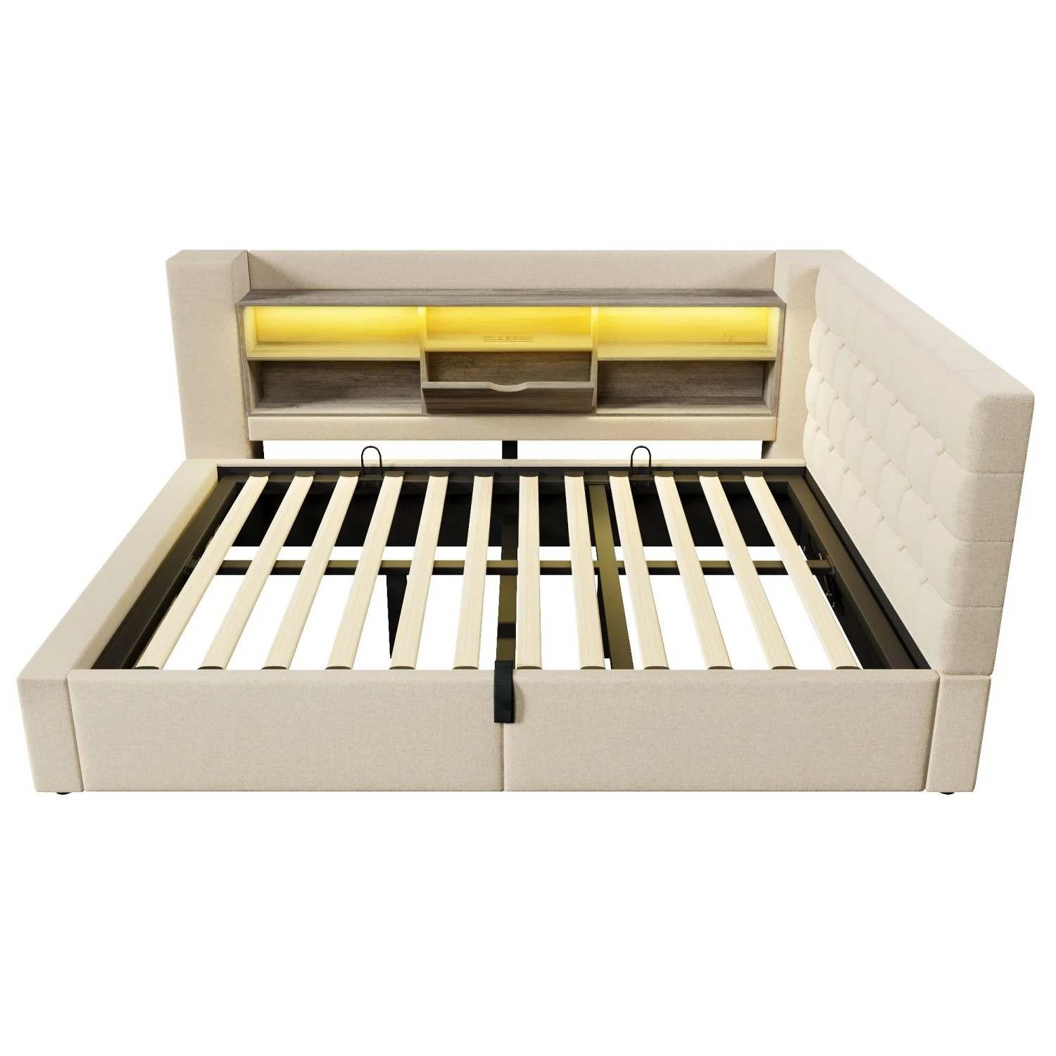 Merax Polsterbett 140x190cm LED Hydraulik Stauraum Beige