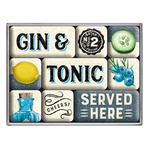 Nostalgic-Art Magnet-Set Gin & Tonic, 9 bunte Kühlschrankmagnete mit Vintage-Motiven.