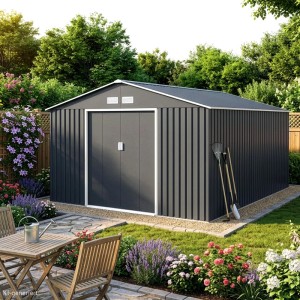 Hattoro S400 Metall Gerätehaus 341x373x201cm BxTxH Mit Bodenrahmen Satteldach Dunkelgrau