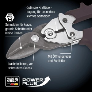 LUX Blechschere rechts, 250 mm, Comfort, Detailaufnahme der Zange mit Schneide und Gelenk.