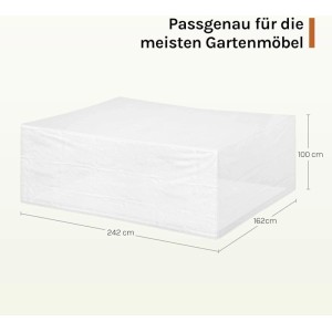 Transparente Schutzhülle für Sitzgruppe, wasserabweisend und UV-beständig, mit Maßangaben.
