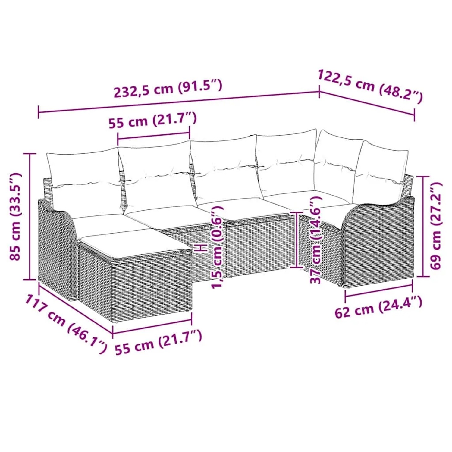 Beiges 6-teiliges Garten-Sofa-Set aus Polyrattan mit Kissen, Maße eingezeichnet.