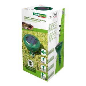 Verpackung des Windhager Solar-Wühlmausgeräts Mole Stop Plus zur Wühlmausabwehr.