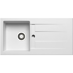 Weiße Pyramis Granitspüle Athlos (86x43,5) mit Abtropffläche und einem Becken.