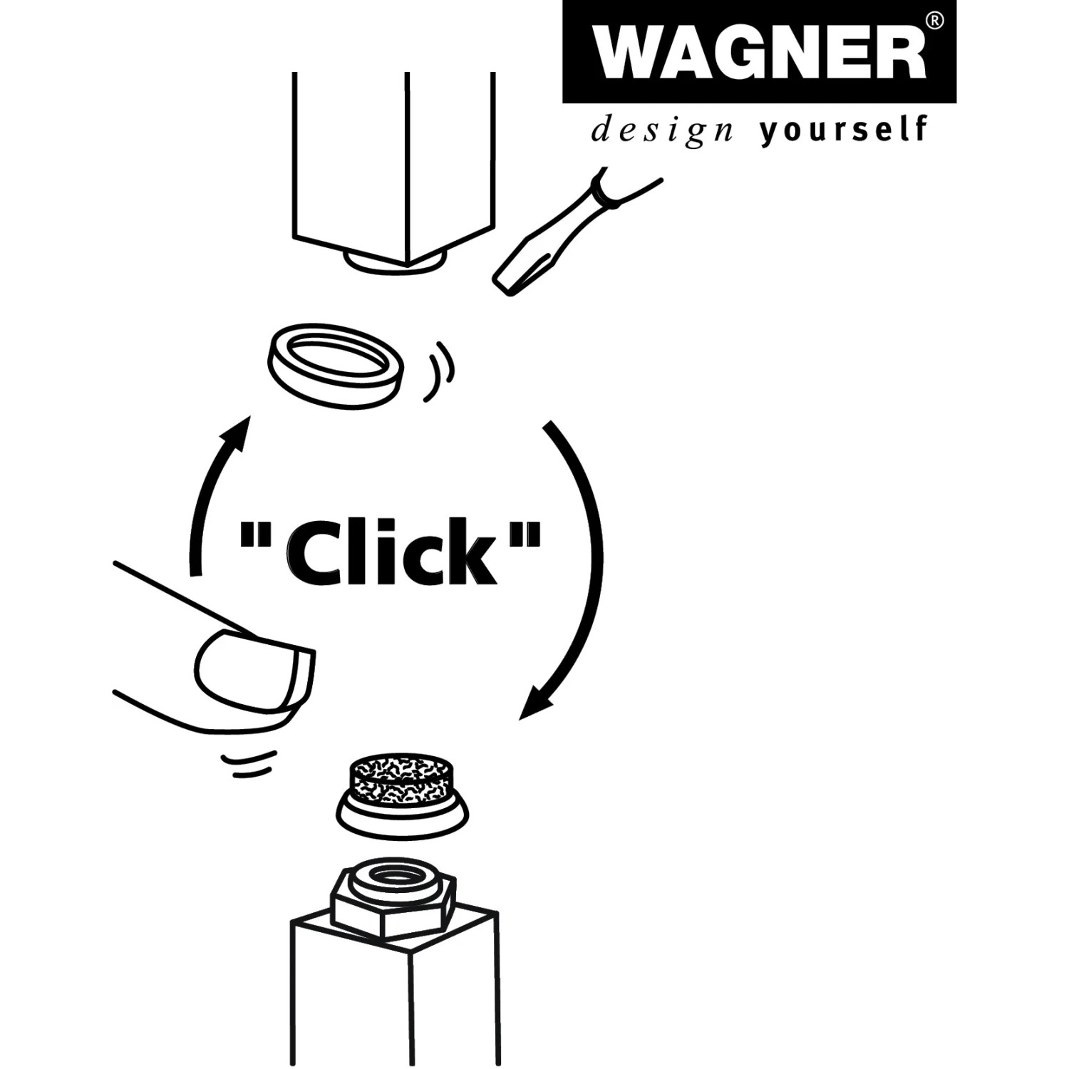 Illustration: Wagner Verstellfuß Justus Slim QuickClick Montage mit "Click" System.