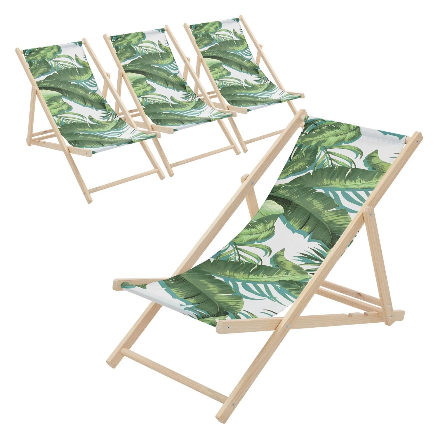 ECD Germany Liegestuhl 4Er Set Klappbar Tropical Grün-Weiß aus Holz