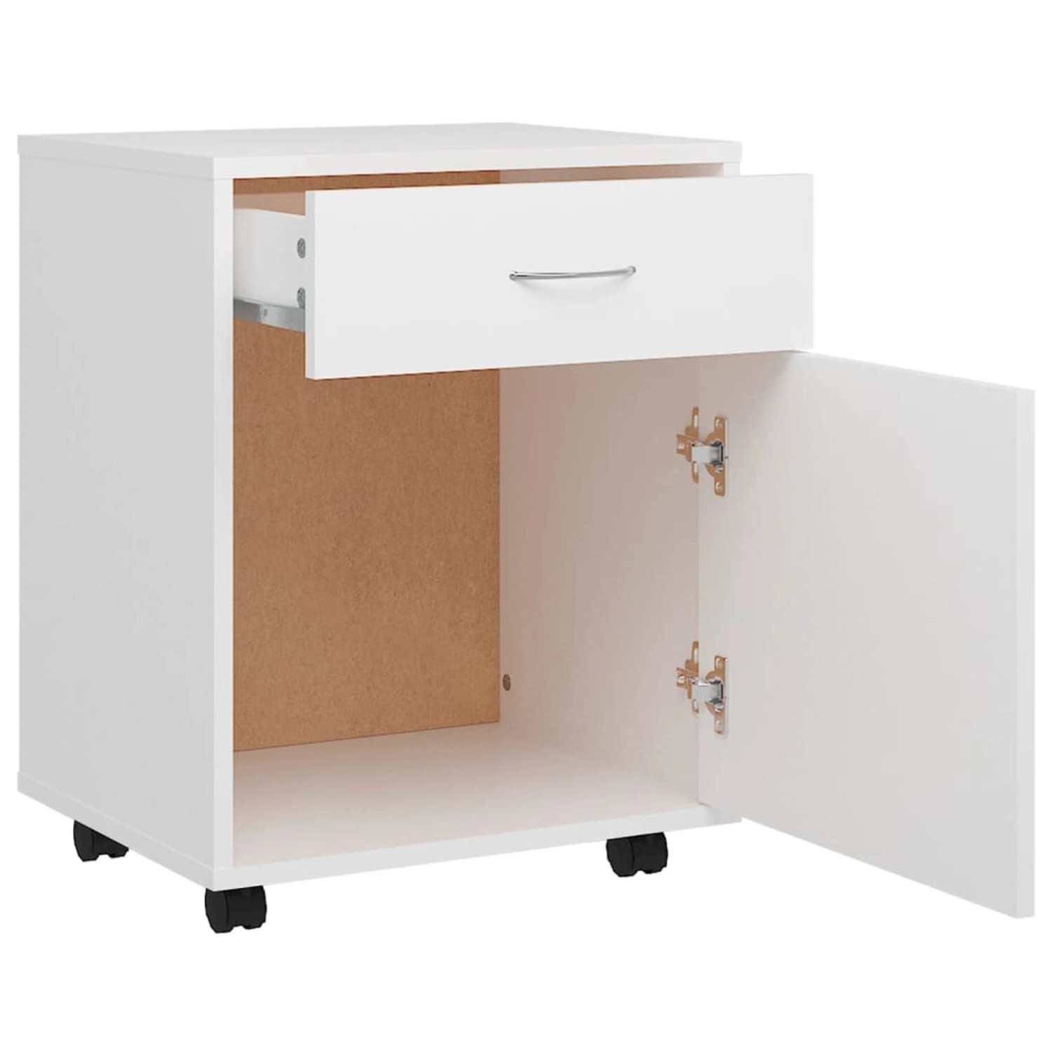 Weißer Rollschrank (45x38x54 cm) mit Schublade und Tür, mobil für Büro oder Arbeitszimmer.