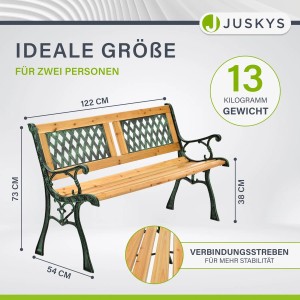Juskys 2-Sitzer Gartenbank Sanremo aus Holz und Gusseisen mit Rautenmuster.