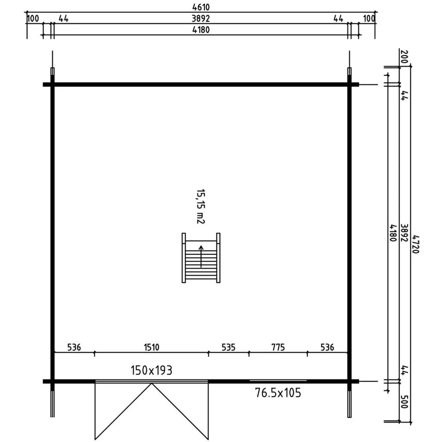 Grundrisszeichnung Alpholz Schwedenhaus 44, 461x472 cm, Holz-Gartenhaus mit Maßen.