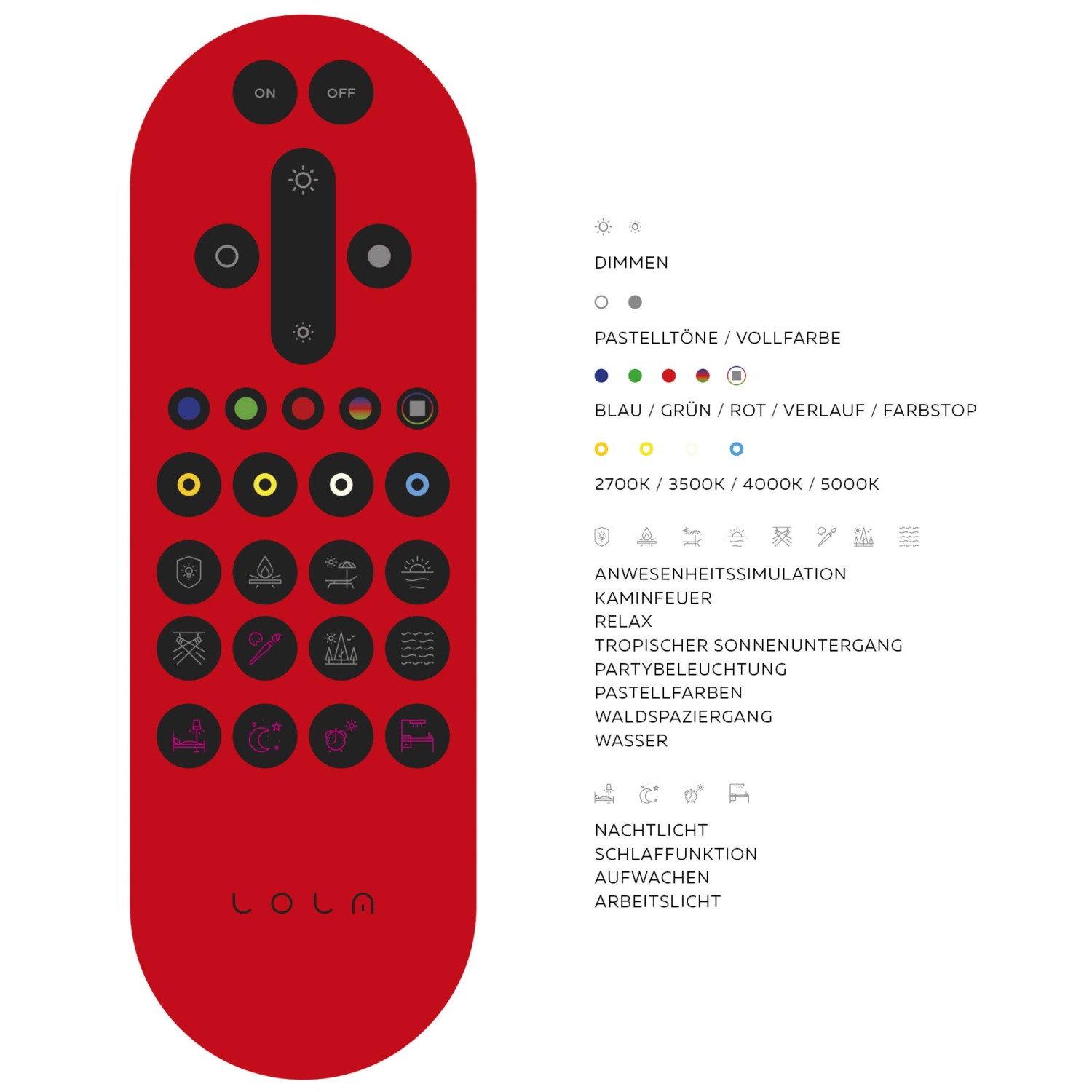 Rote Fernbedienung für Just Light LolaSmart LED-Deckenleuchte zur Steuerung von Lichtfarbe und Helligkeit.