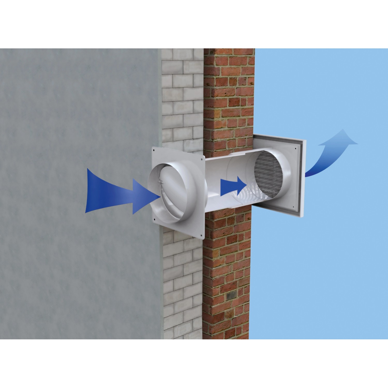 Teleskop-Mauerkasten mit Rundrohranschluss System 125, zur Wandmontage.