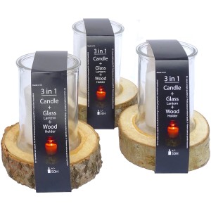 Windlicht aus Glas mit Holzsockel und Kerze, Sunny Garden, 17x15cm. Dekorative Tischdeko.