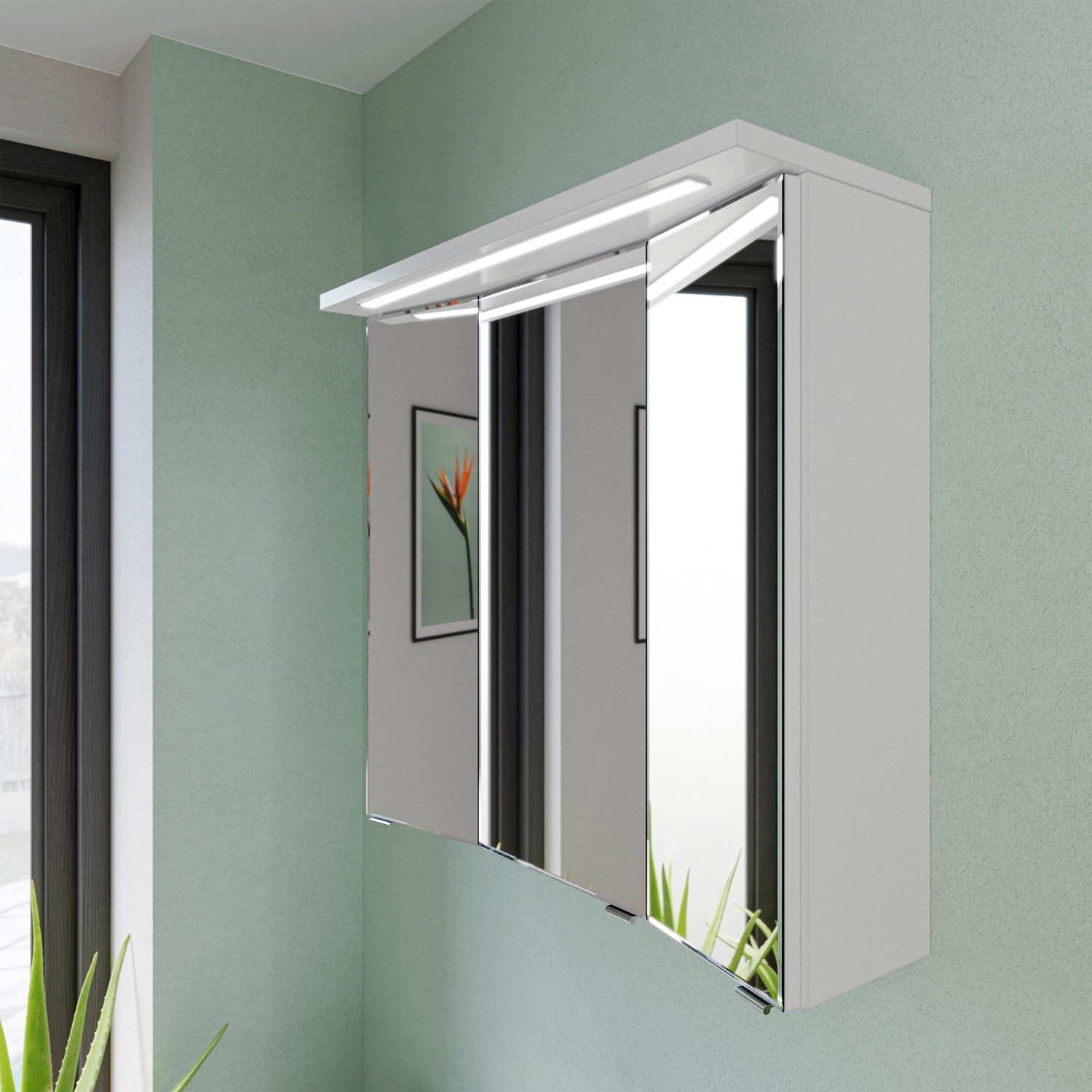 Pelipal Spiegelschrank Trentino, weiß glänzend, 75 cm breit, mit drei Spiegeltüren und Kranzbeleuchtung.