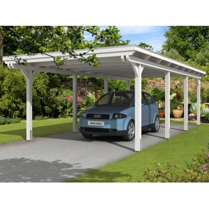 Weißes Skan Holz Einzelcarport Leimholz mit Auto im Garten, 404x846cm.