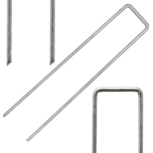 Silberfarbene U-förmige Erdspieße aus verzinktem Stahl, 150x30mm, für Gartenfolie, Netze & Camping.