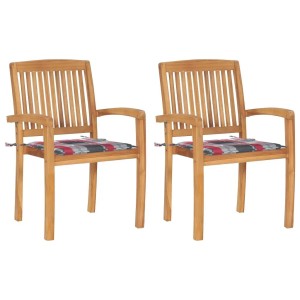 vidaXL Gartenstühle 2 Stk Rote Karomuster Kissen Massivholz Teak 3063265