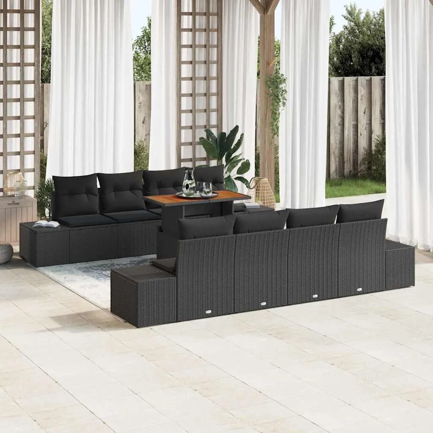 Schwarzes 9-teiliges vidaXL Garten-Sofa-Set aus Poly Rattan mit Tisch und Stauraum.