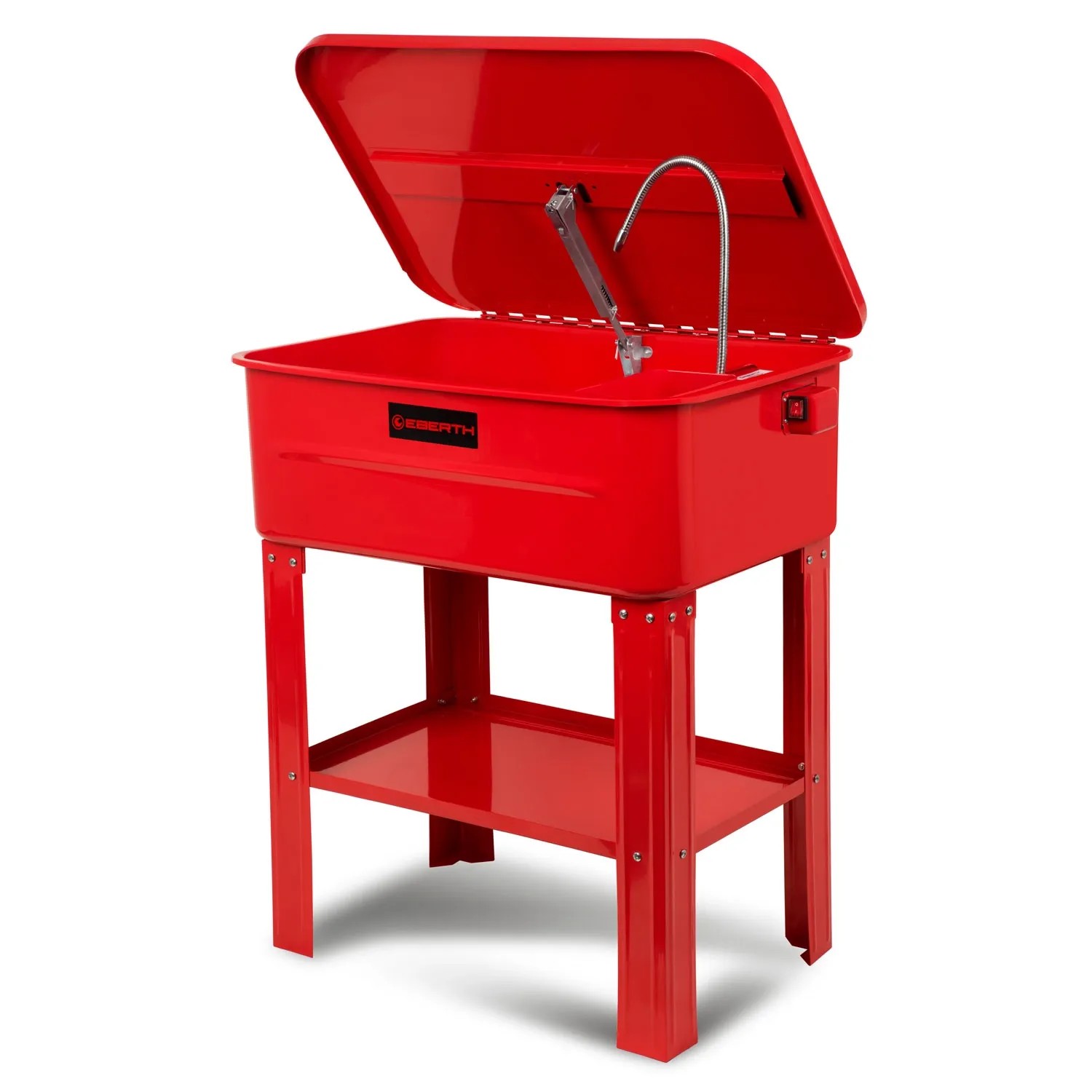 Rotes EBERTH Teilewaschgerät mit Pumpe, 80L Becken und Werkstattwagen-Gestell.