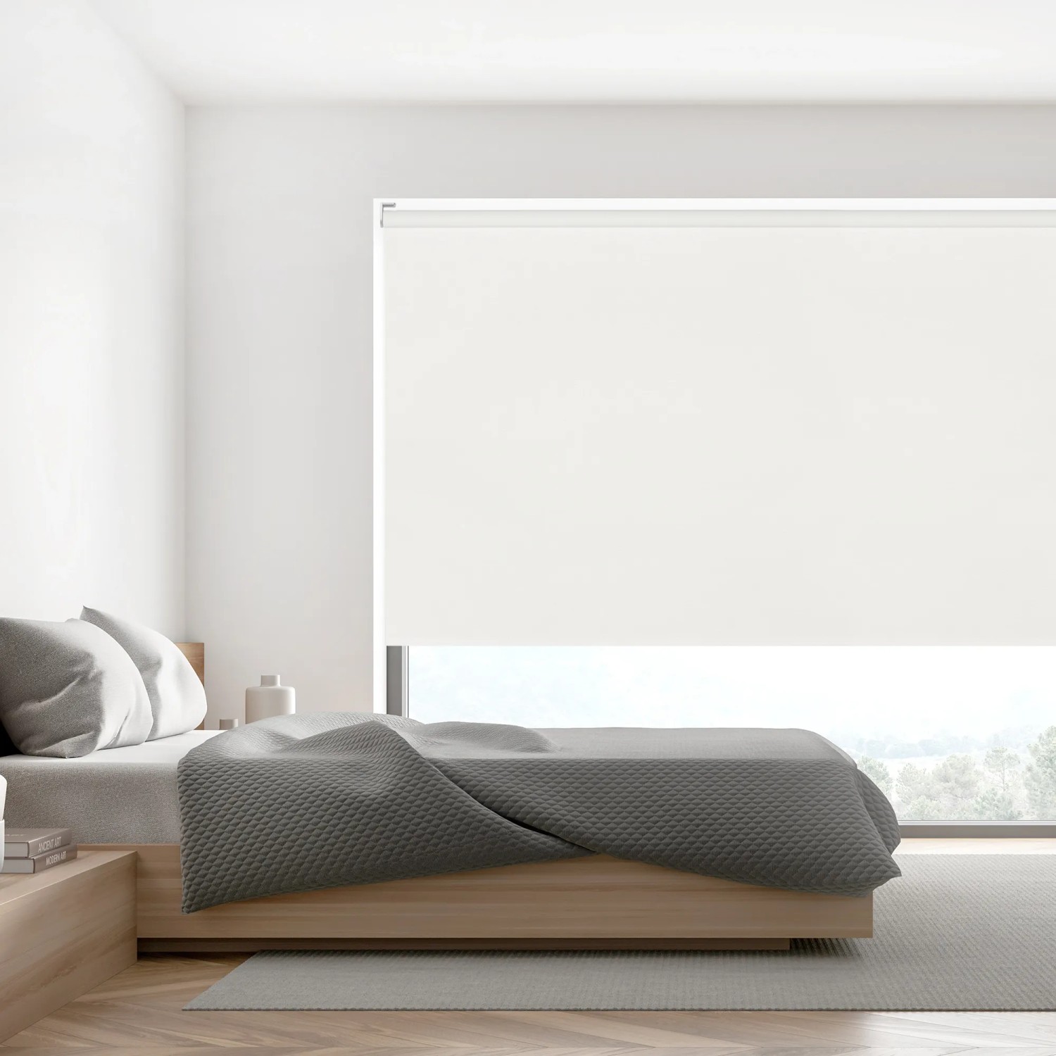 Weißes Verdunkelungsrollo Sundusk im Schlafzimmer, 105x250 cm.