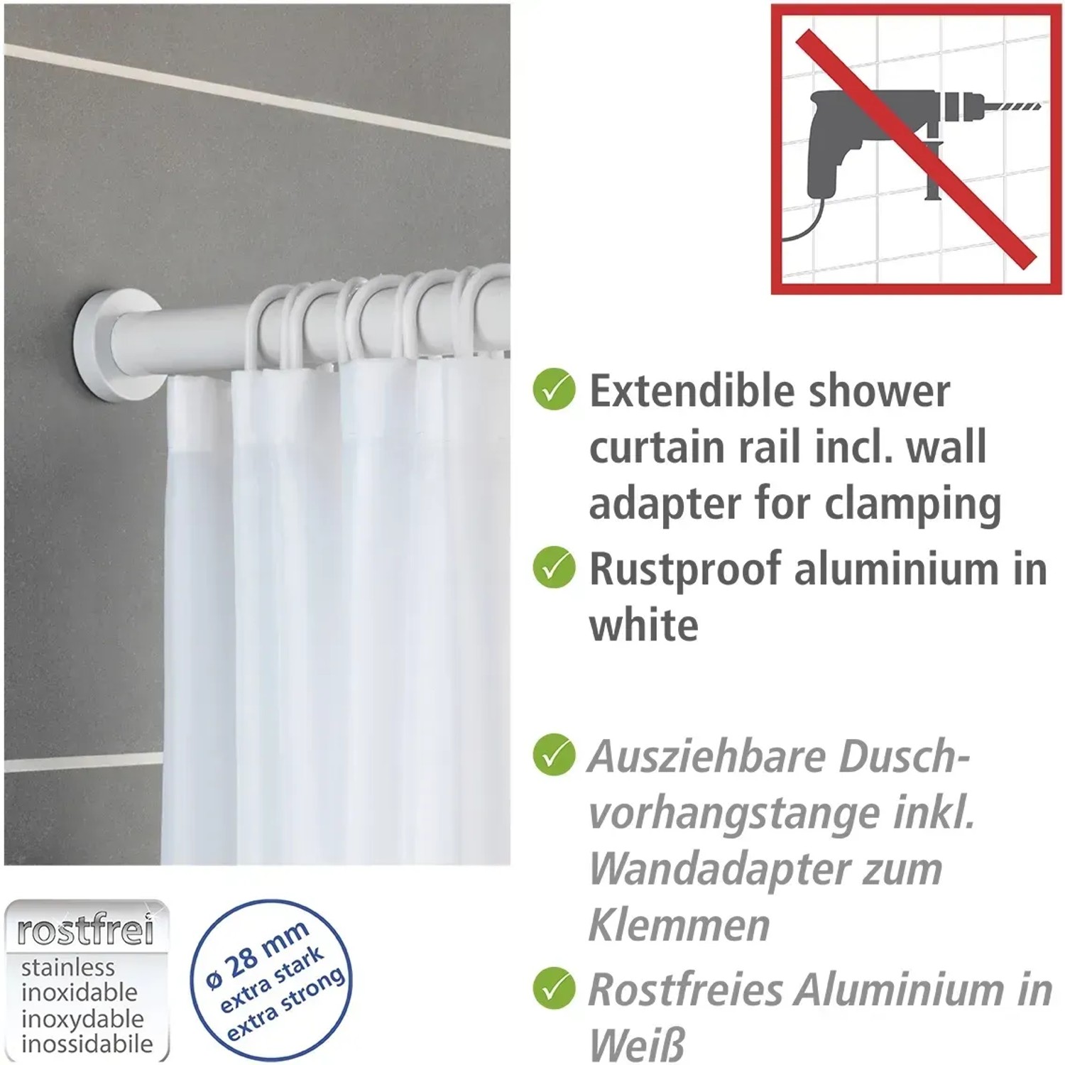 Wenko Teleskop-Duschstange Luz, weiß, ausziehbar mit Duschvorhang und Wandadaptern.