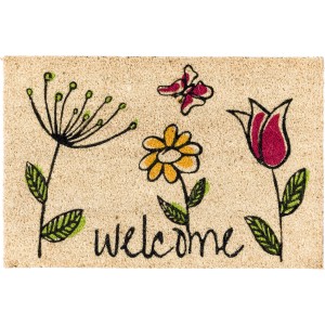 Fußmatte Coco Style mit Blumenmuster, 40x60 cm. Naturfaser mit 'Welcome'-Schriftzug.