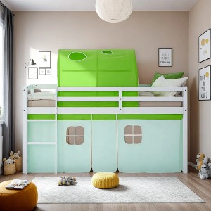 Homestyle4u Kinder Hochbett 90x200 mit grünem Tunnel und Vorhang. Weißes Kinderbett mit Matratze.