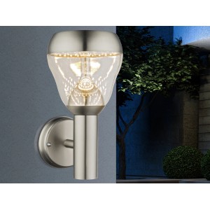 Globo LED-Außenwandleuchte MONTE aus Edelstahl mit klarem Glas, warmweißes Licht.