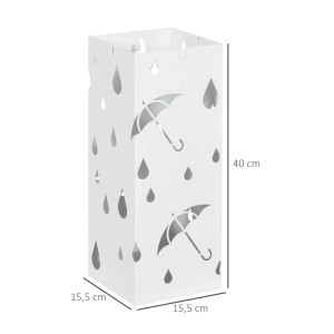 Weißer HOMCOM Regenschirmständer mit Schirm- und Tropfenmuster, inklusive 4 Haken und Wasserauffangschale.