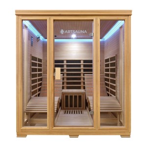 Artsauna Infrarotkabine Billund mit Hemlockholz und Dual Heizsystem, Innenansicht mit Liegen.