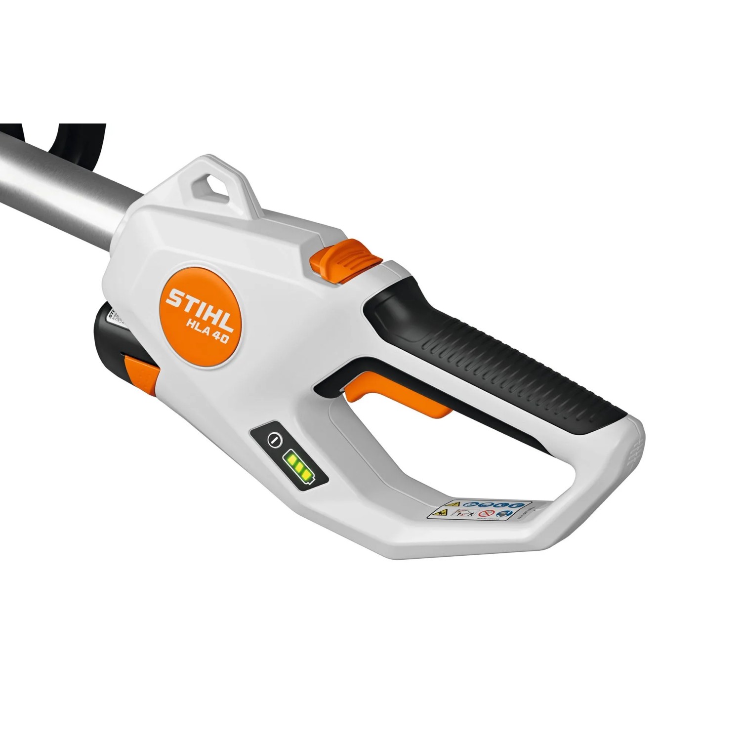 Detailaufnahme: Stihl Akku-Heckenschneider HLA 40 mit Teleskopschaft, Bedienelemente und Akkuanzeige.