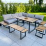 6-teilige Lounge-Eckgruppe Belmira in Grau-Braun mit Tisch, Bänken und Sofa für Garten oder Terrasse.