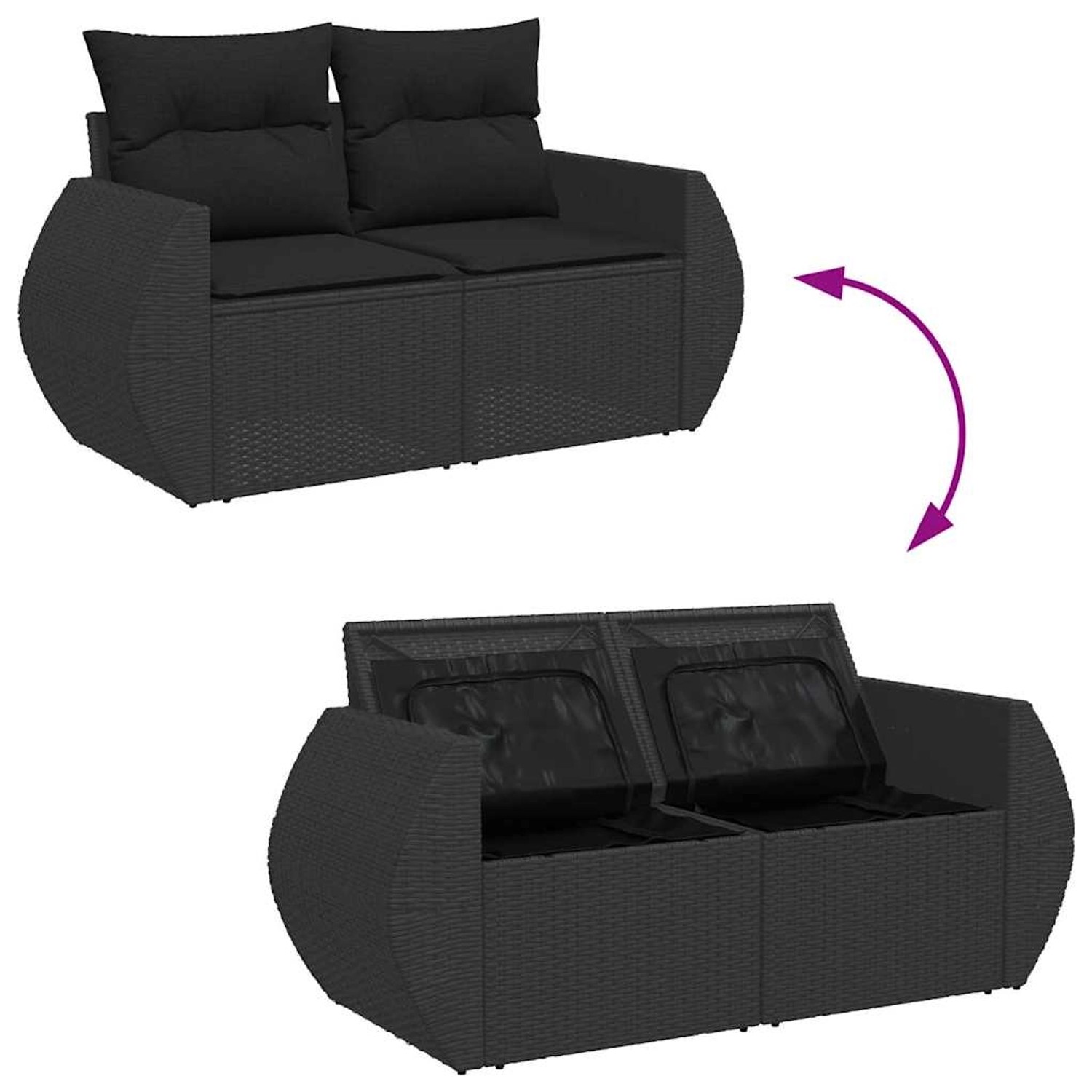 vidaXL Garten-Sofa-Set, 11-teilig, schwarz, Poly Rattan mit Stauraum unter den Sitzen.