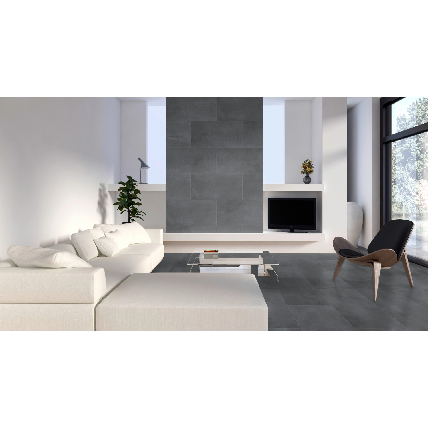 Wohnraum mit Classen Neo 2.0 Vario Nero Dekor-Paneelen in Steinoptik.