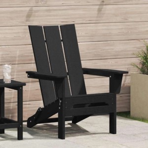 Schwarzer, klappbarer Adirondack-Stuhl aus HDPE für Garten und Terrasse.