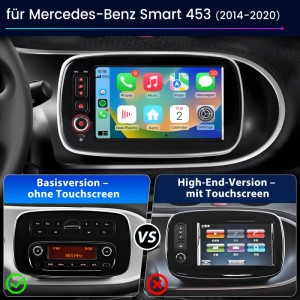 Junsun 8 Zoll Autoradio Touchscreen für Mercedes-Benz Smart 453. Integriert im Armaturenbrett, zeigt CarPlay, ersetzt Basisradio.