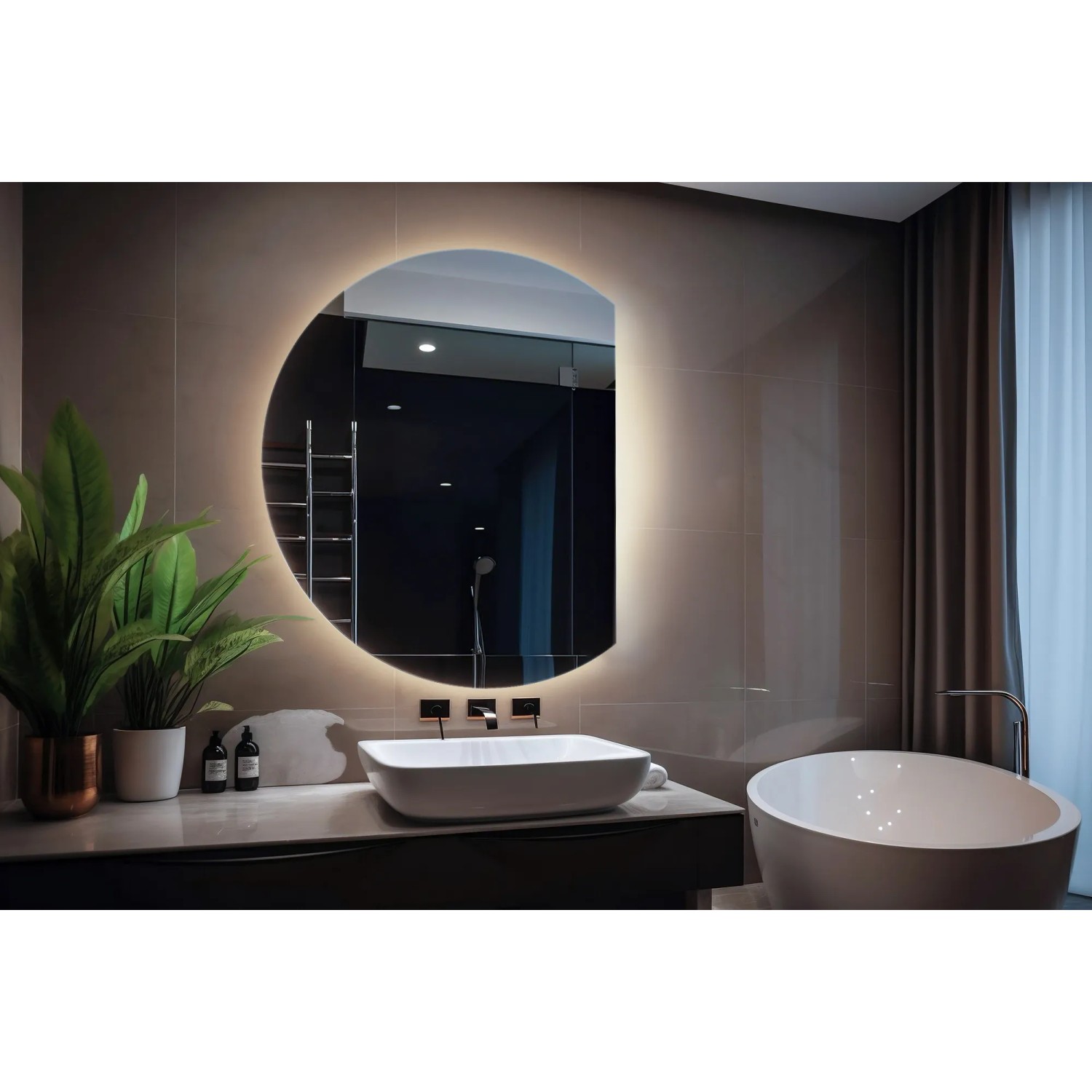 Runder LED-Spiegel (63x70 cm) mit neutralweißem Licht im Badezimmer.
