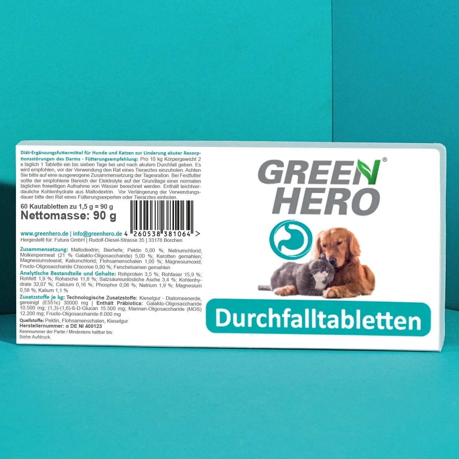 GreenHero Durchfalltabletten für Hunde und Katzen, 60 Stück. Pflanzenstärkungsmittel für Magen und Darm.