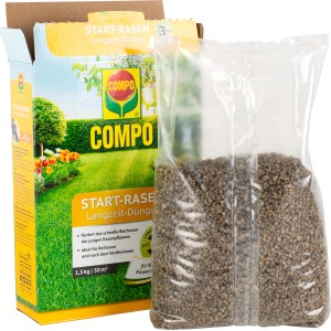 Compo Start-Rasen Langzeit-Dünger 1,5kg im geöffneten Karton und durchsichtiger Verpackung.