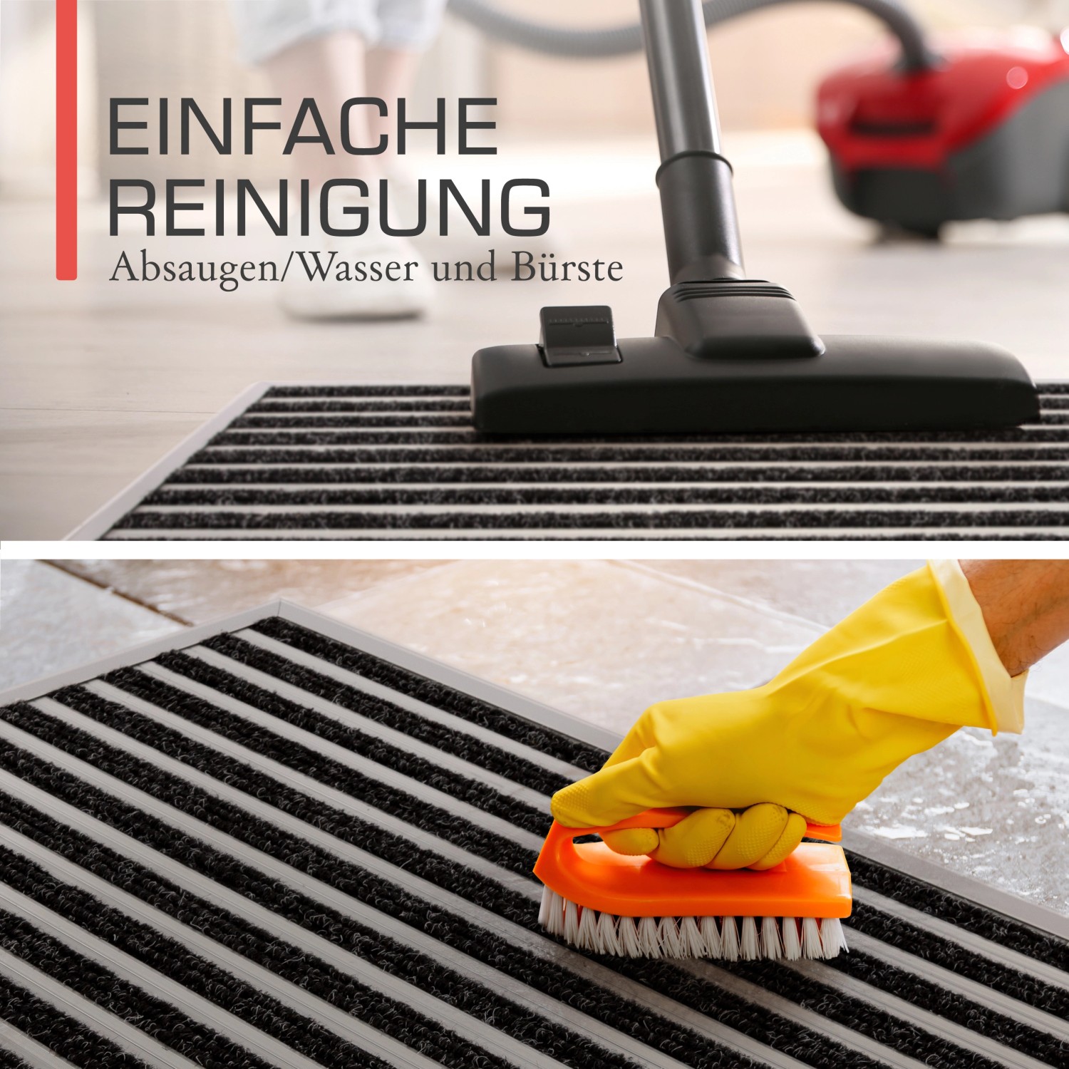 Bomoe AluGant D Alu-Fußmatte, 60x90cm, silber, mit Reinigungsbeispiel (Saugen, Bürsten).