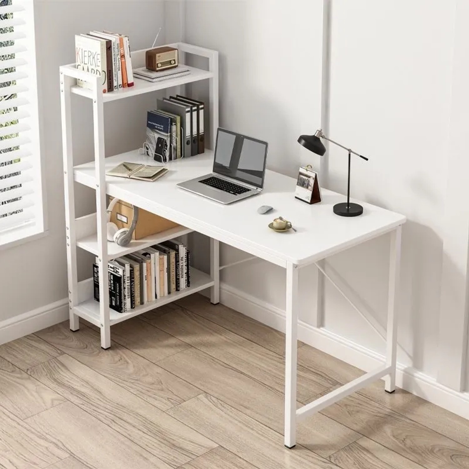 Rebiko Computertisch Loft Tisch Weiß Modern Mit Regal Gaming_2