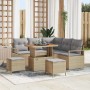 Beiges 8-teiliges vidaXL Garten-Sofa-Set aus Polyrattan mit Tisch, Ecksofa, Sesseln und Hockern mit grauen Kissen.